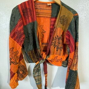 Boho Patchwork Wrap Top Small Tie Front Celestial Cotton Bell Sleeve Orange Flow